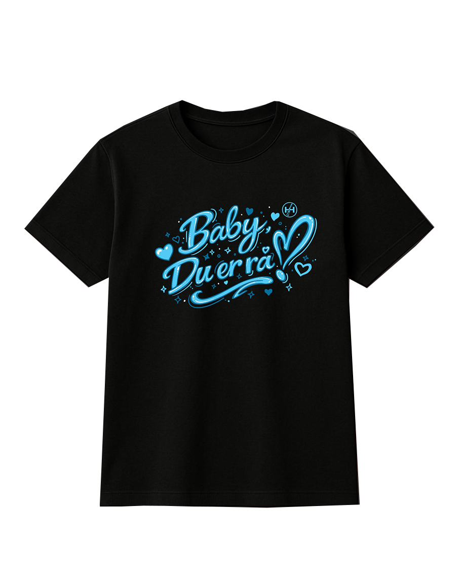 SORT "BABY, DU ER RÅ!" T-SKJORTE (BLÅTT TRYKK)